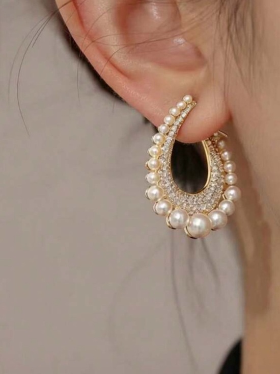 Anthropologie Jewelry - Pearl-Trim Gold Teardrop Hoop Earrings